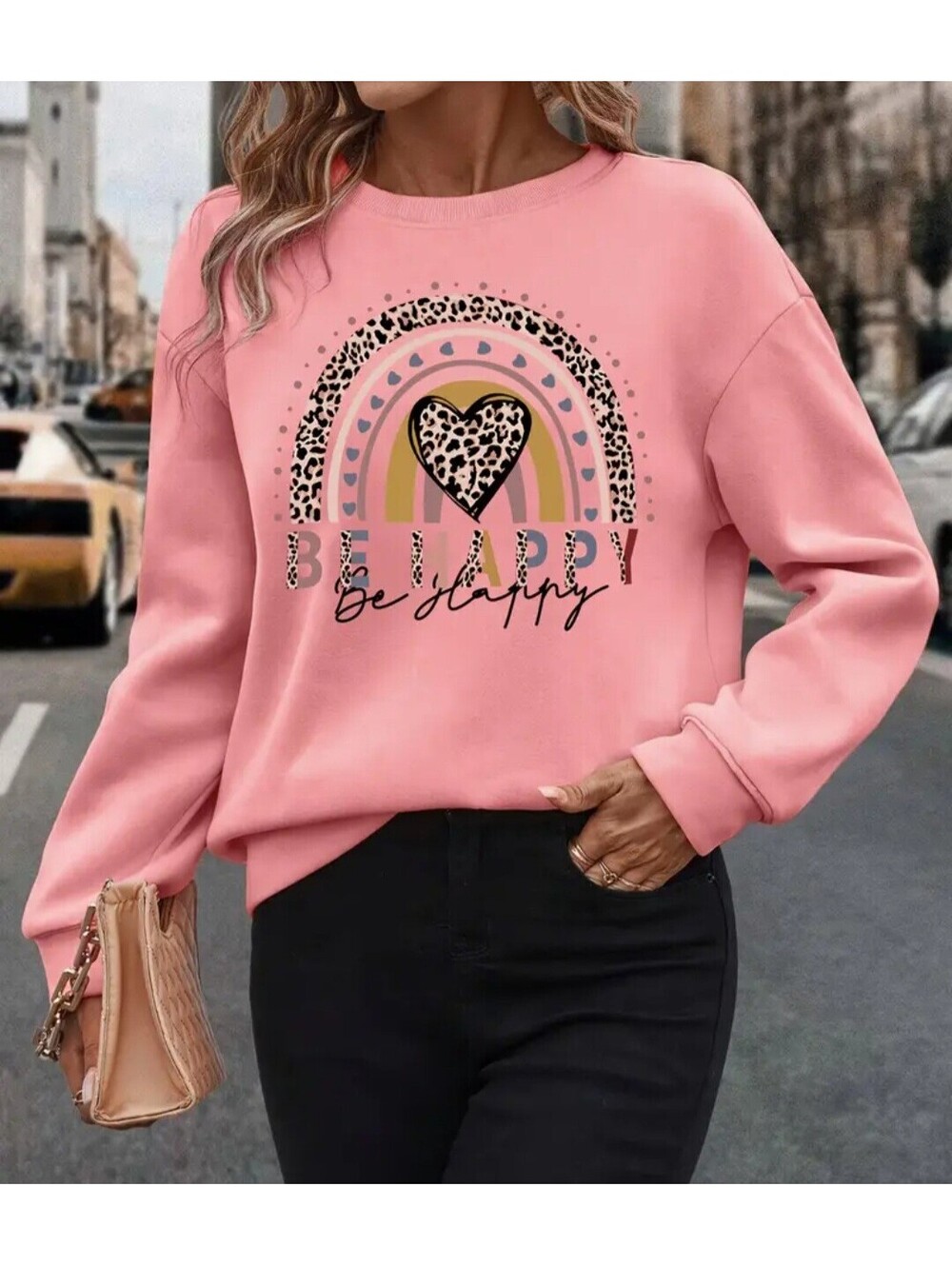 "Be Happy" Pink Pull Over Crewneck Sweater Graphic Leopard Print Heart